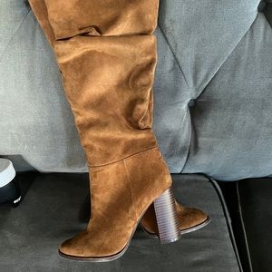 Brown suede knee-high slouch boots